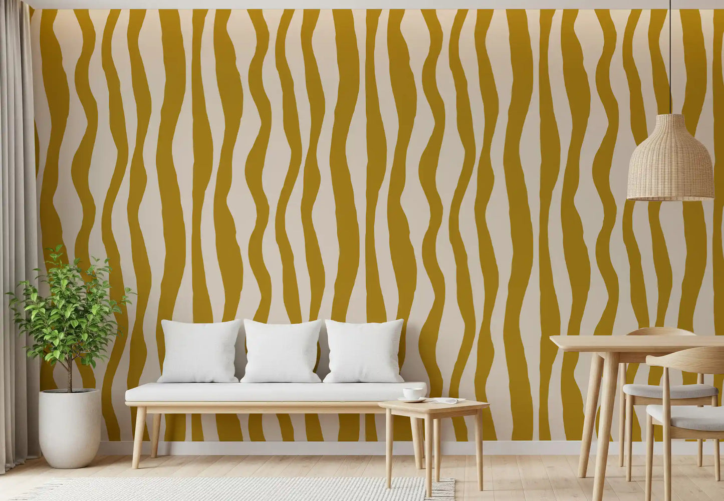 Mustard Wavy Stripe Wallpaper Retro Boho Wallpaper⁠