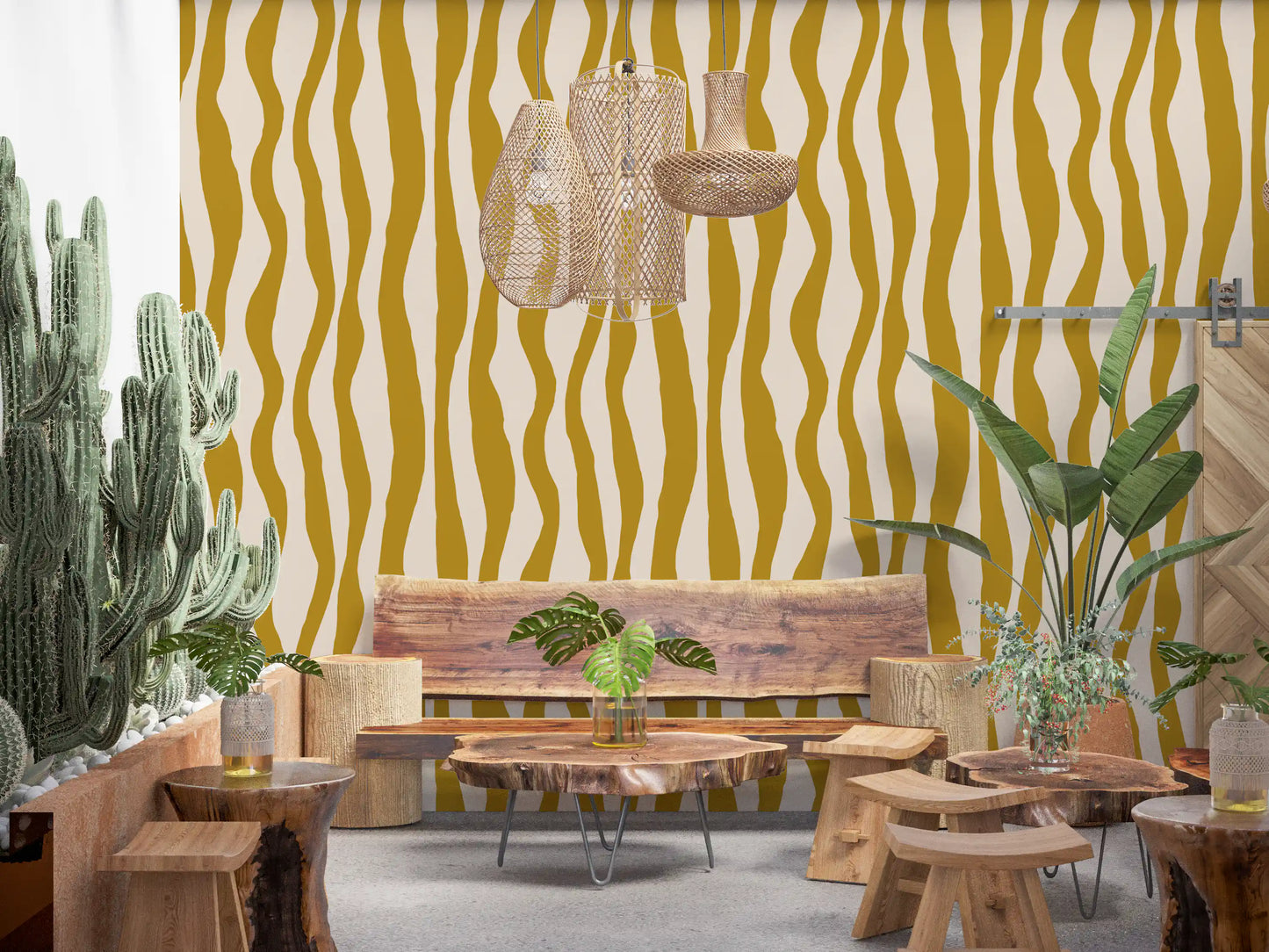 Mustard Wavy Stripe Wallpaper Retro Boho Wallpaper⁠