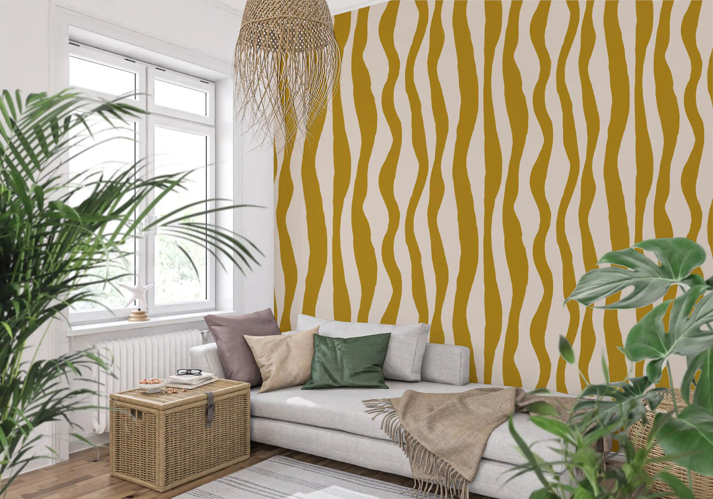 Mustard Wavy Stripe Wallpaper Retro Boho Wallpaper⁠