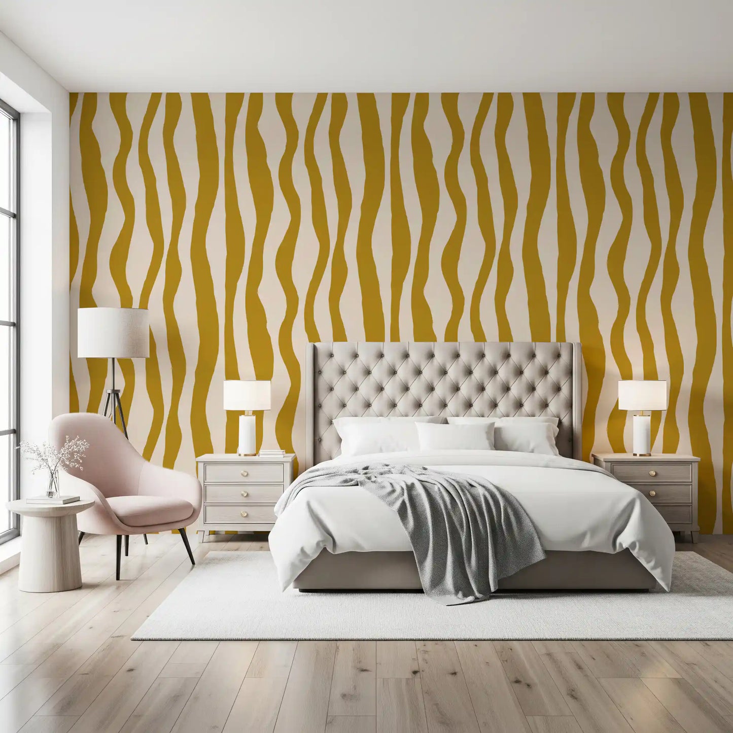Mustard Wavy Stripe Wallpaper Retro Boho Wallpaper⁠