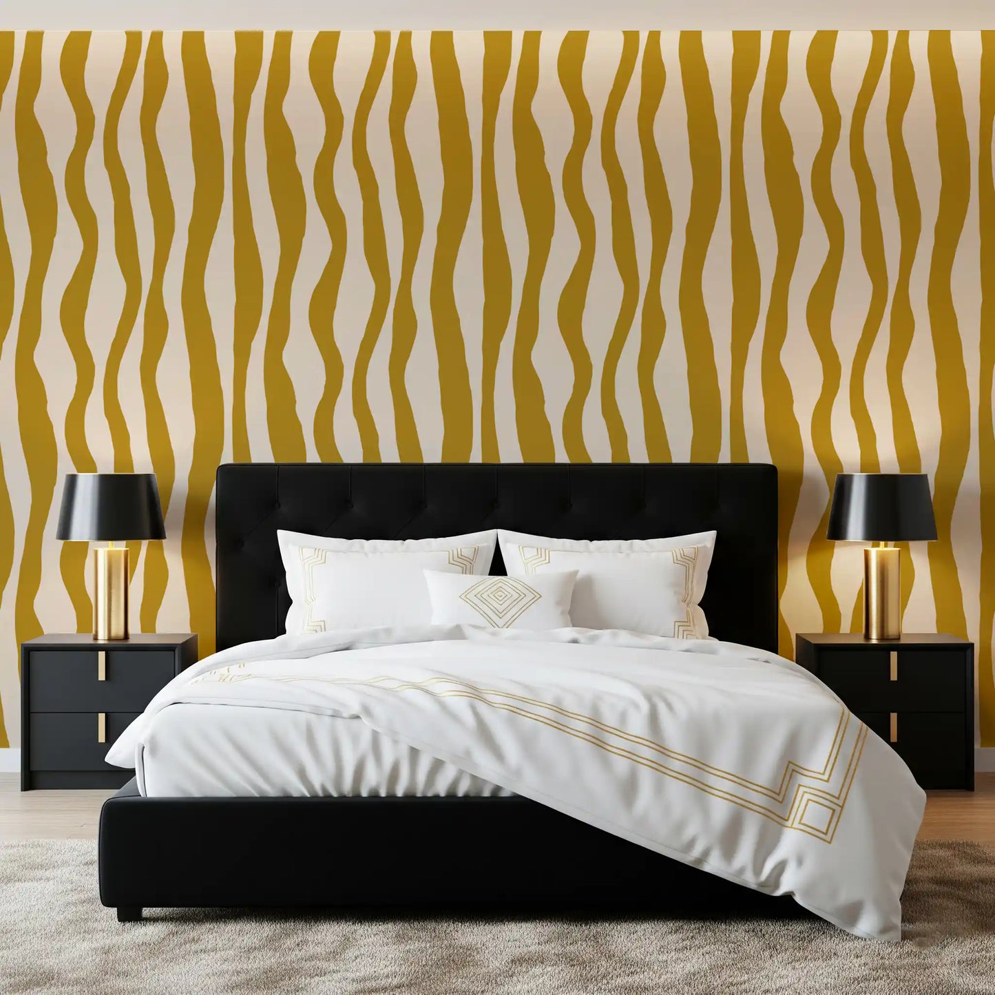 Mustard Wavy Stripe Wallpaper Retro Boho Wallpaper⁠