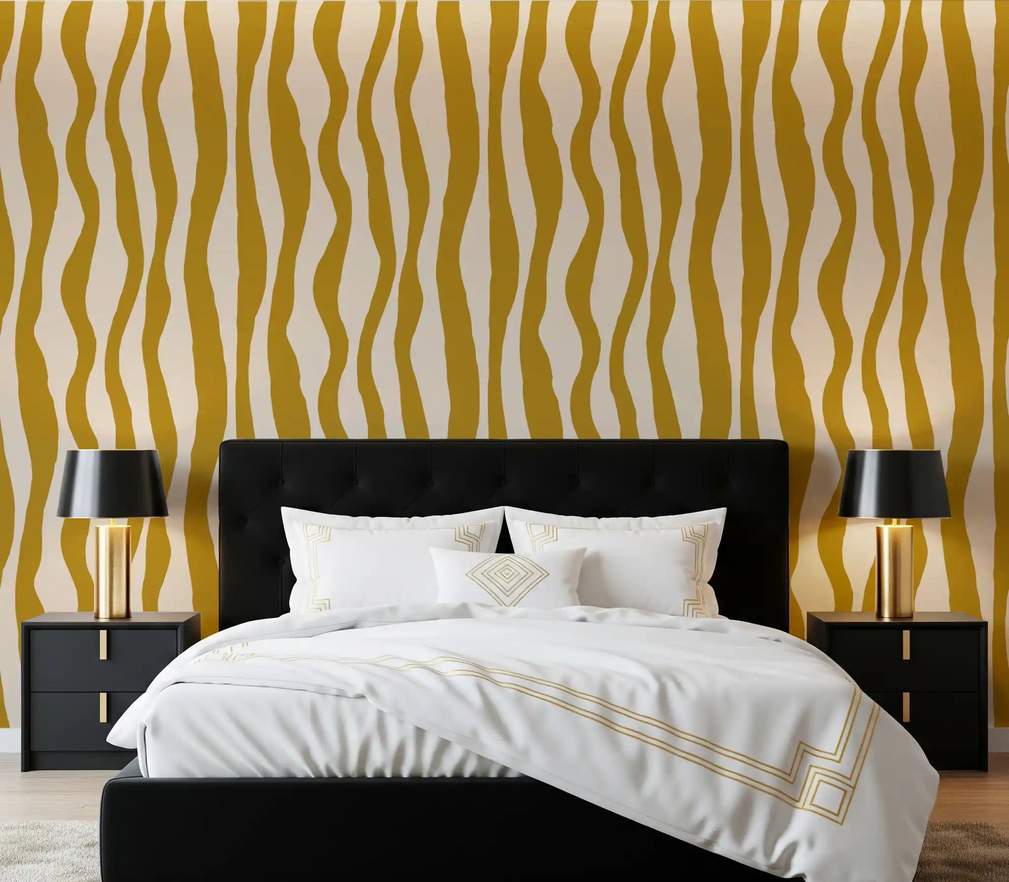 Mustard Wavy Stripe Wallpaper with vertical curves on a cream background for master bedroom., GD10049