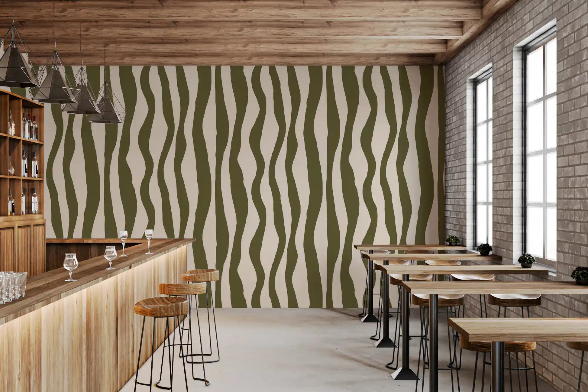 Sage Green Wavy Stripe Wallpaper for a bar with muted green and neutral cream palette. 