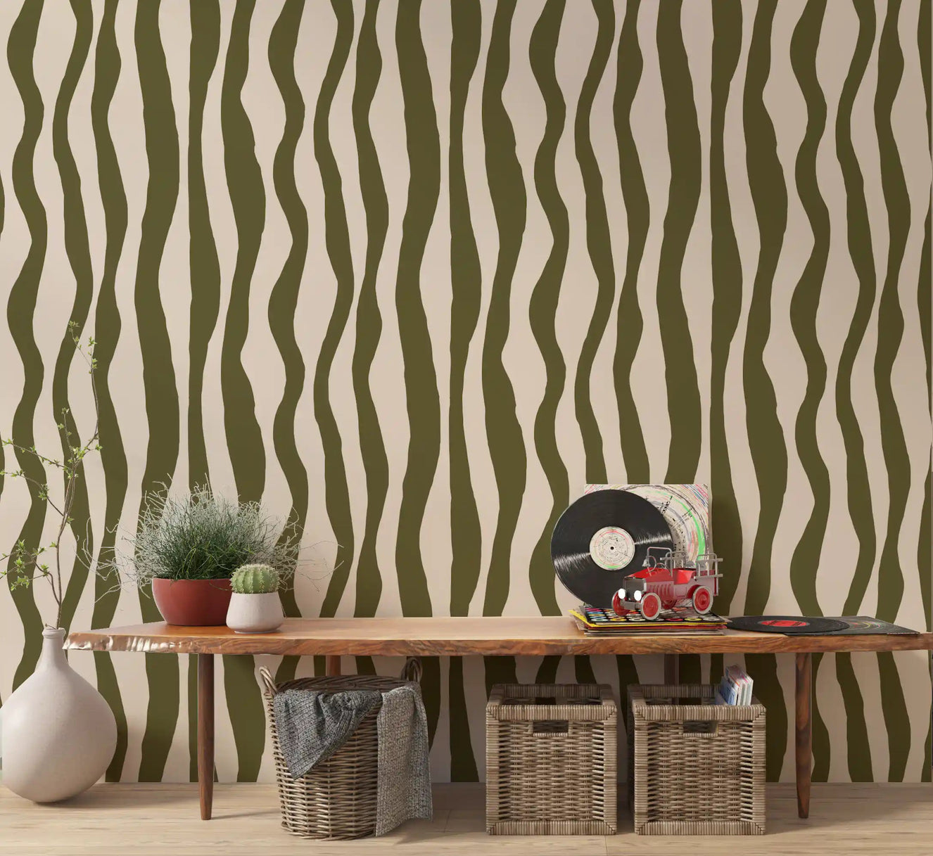 Sage Green Wavy Stripe Wallpaper in a hallway showing organic earthy stripe rhythm.