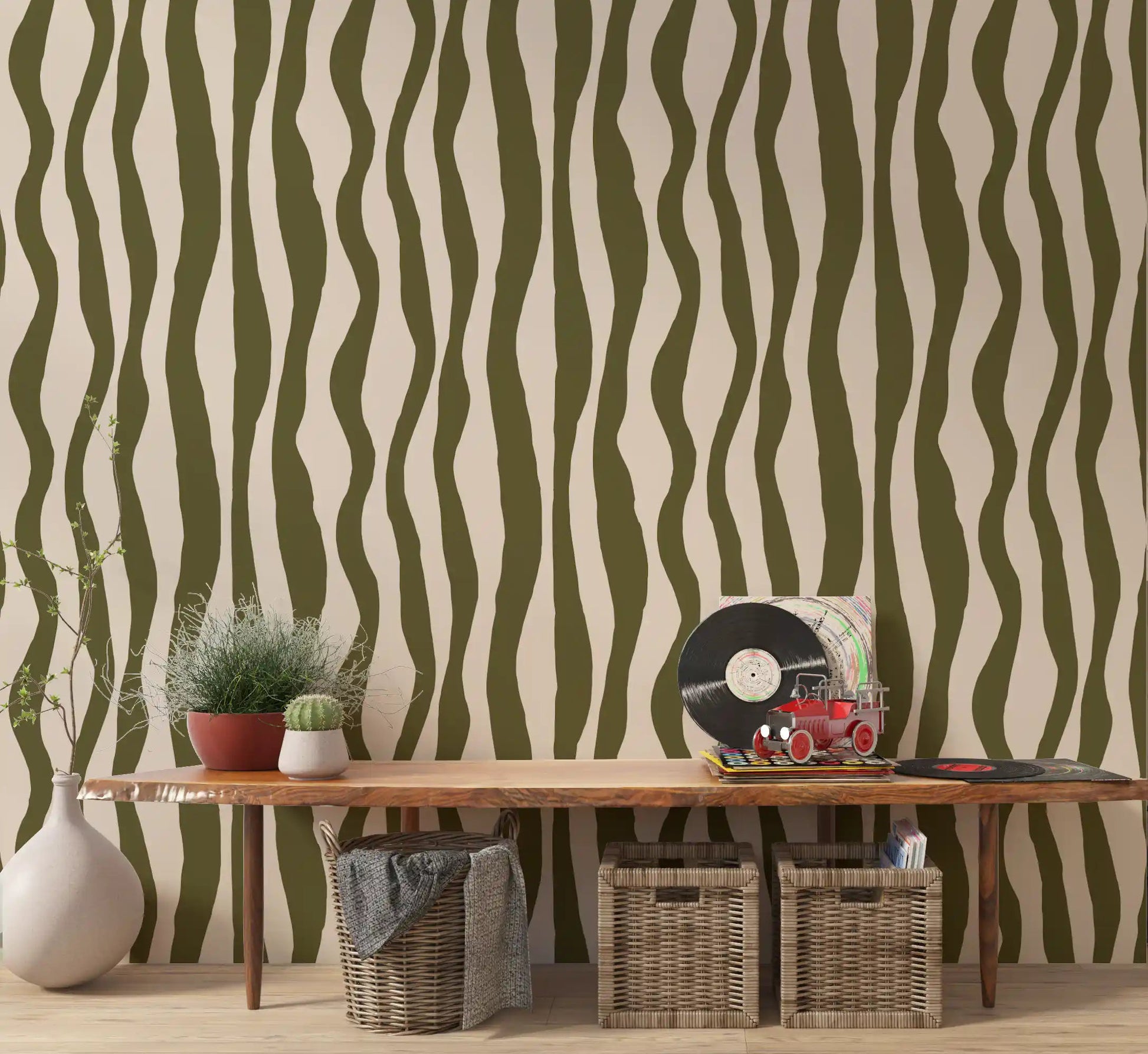 Sage Green Wavy Stripe Wallpaper in a hallway showing organic earthy stripe rhythm.