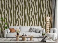 Boho minimalist wallpaper with irregular vertical waves in sage green and cream tones.