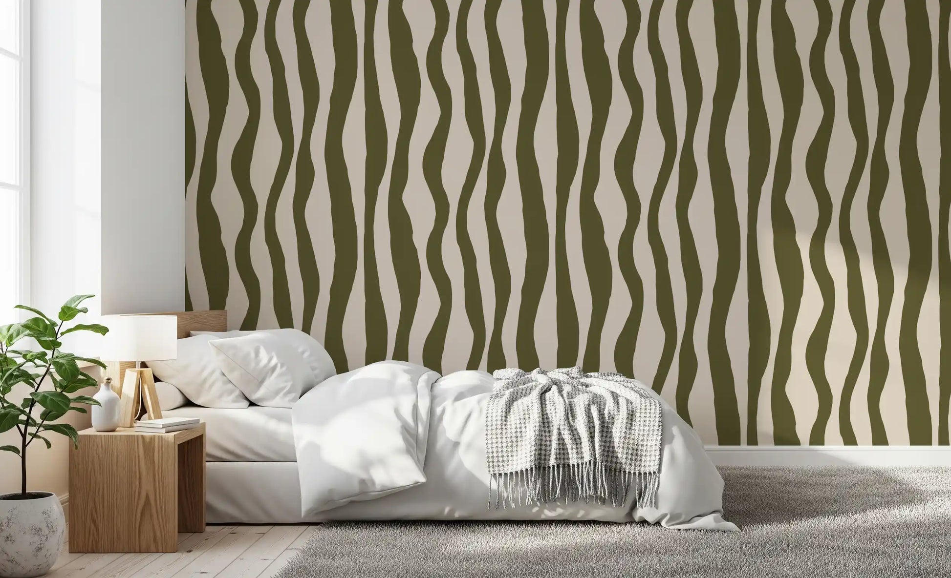 Scandinavian boho stripe wallpaper featuring irregular sage green waves over warm neutral cream.