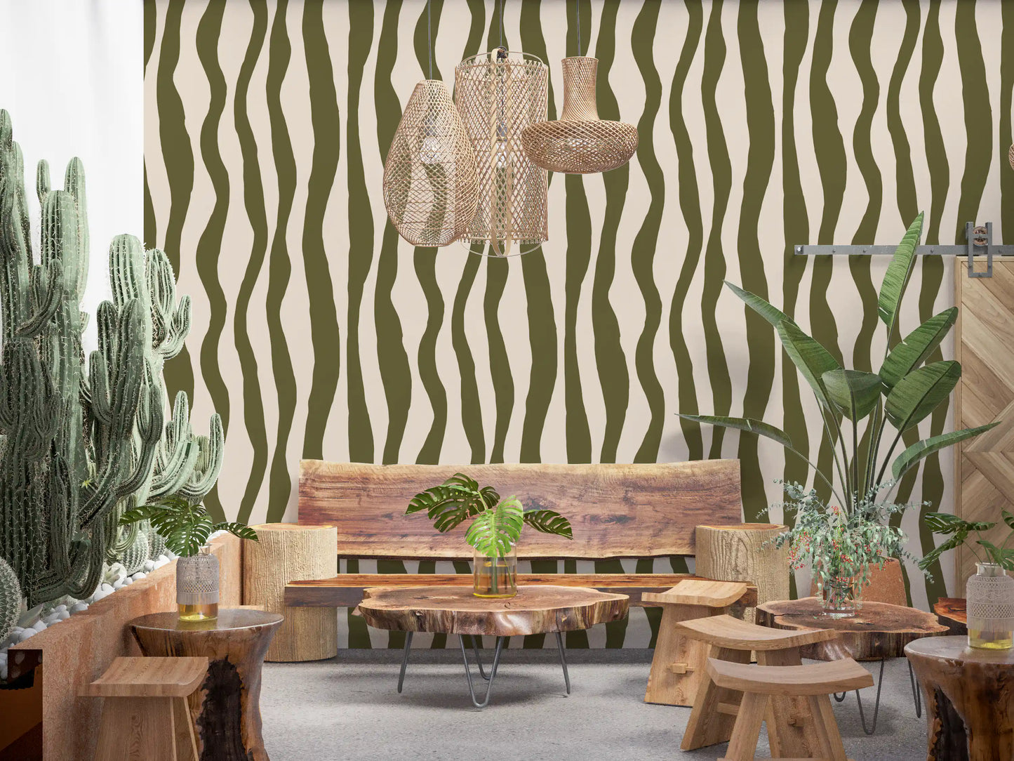 Scandinavian wavy stripe wallpaper with varying widths and curved vertical lines in olive