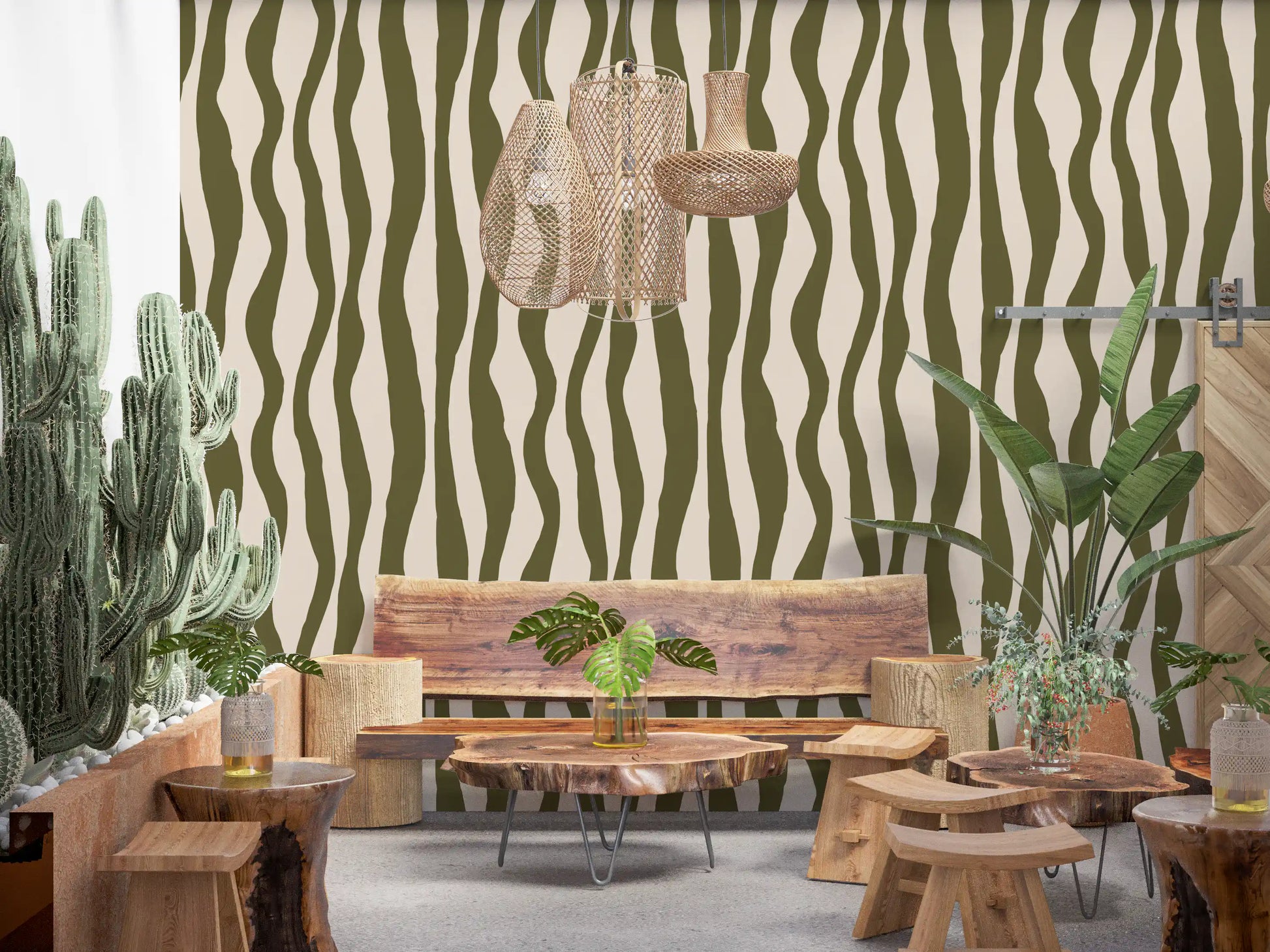 Scandinavian wavy stripe wallpaper with varying widths and curved vertical lines in olive