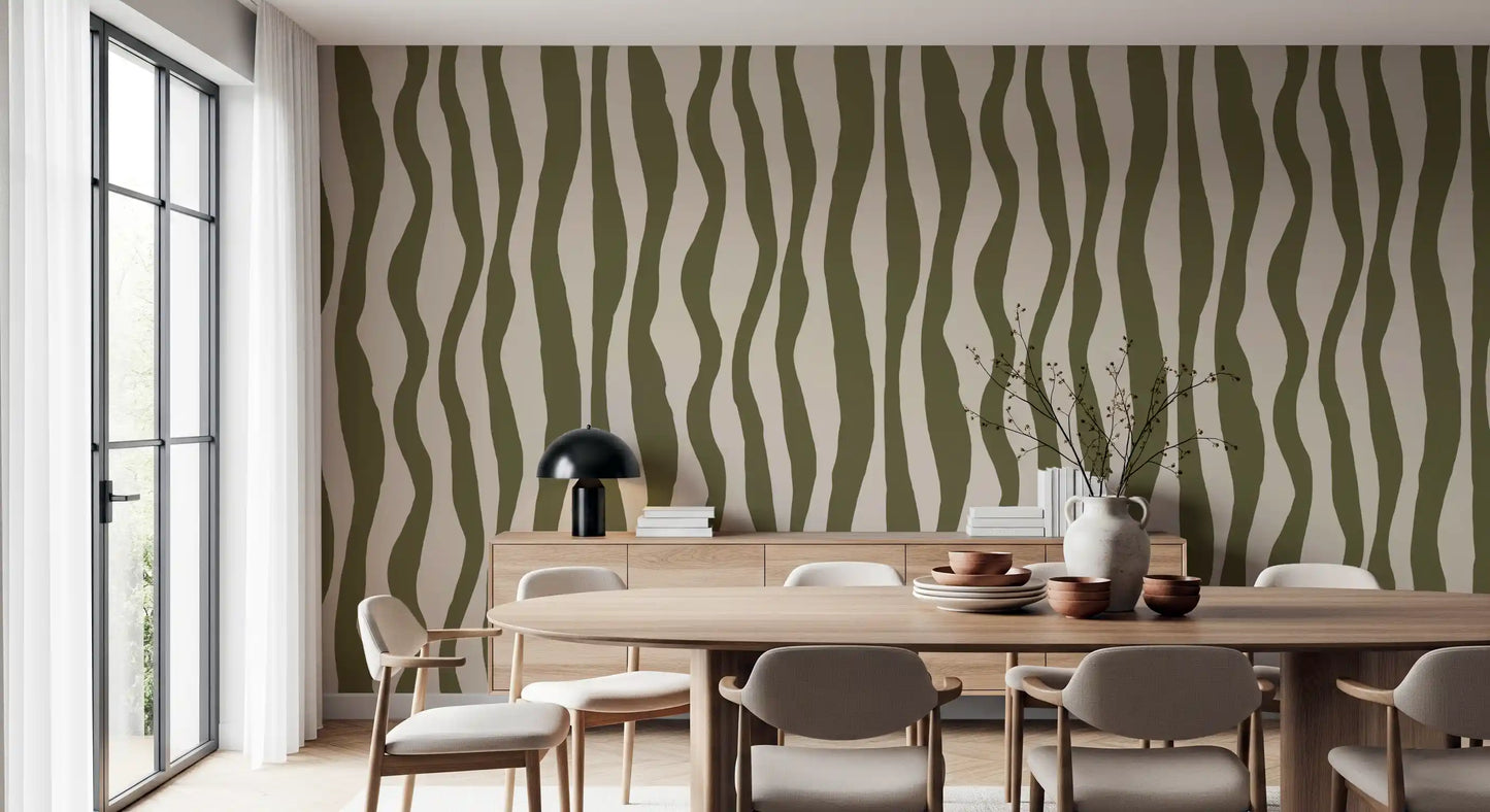 Sage Green Wavy Stripe Wallpaper in a dining room as a calm earthy feature wall