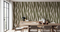 Sage Green Wavy Stripe Wallpaper in a dining room as a calm earthy feature wall