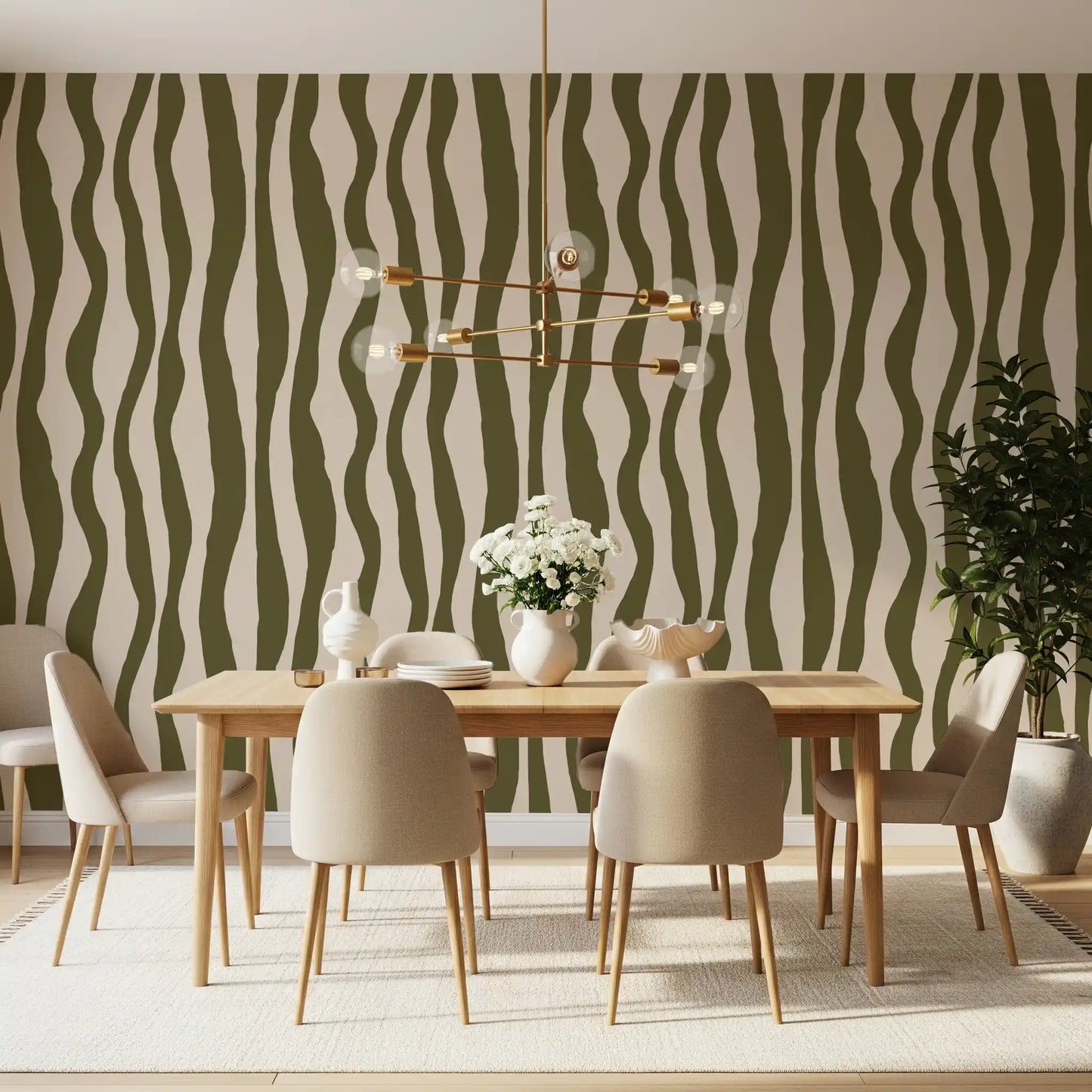 Sage Green Wavy Stripe Wallpaper with olive green vertical curves on a cream background.