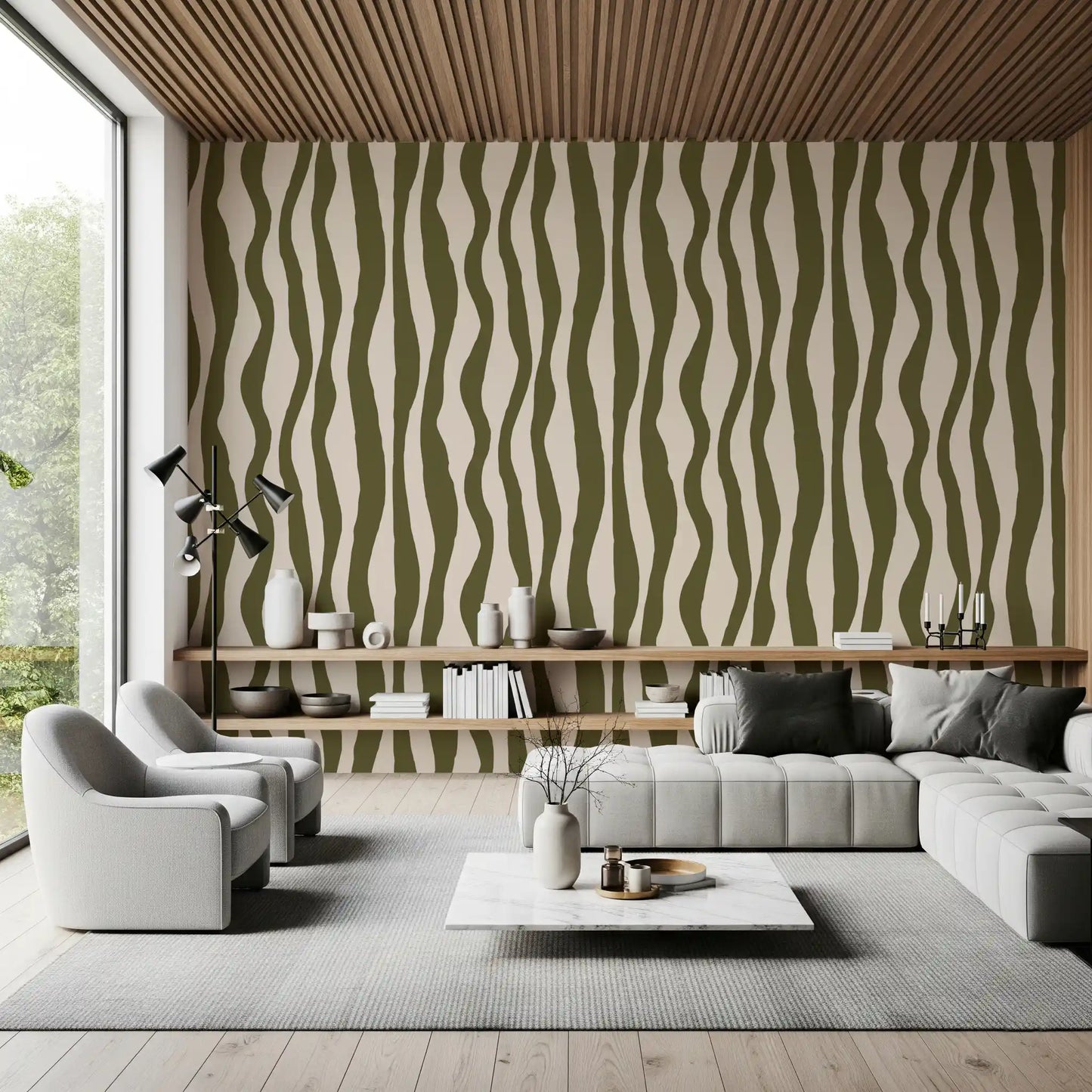 Sage Green Wavy Stripe Wallpaper in a living room with organic vertical stripe pattern.