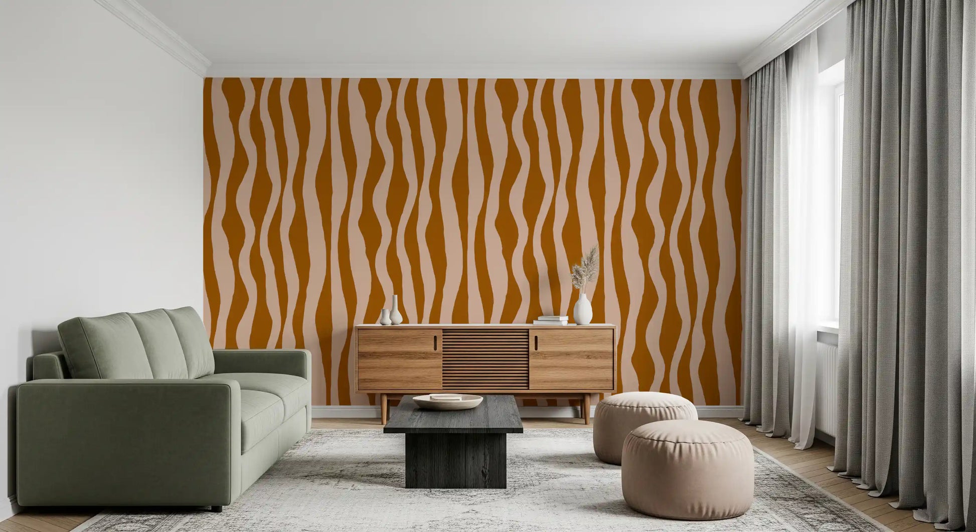 Retro boho wavy stripe pattern wallpaper in terracotta brown and soft blush pink shades.