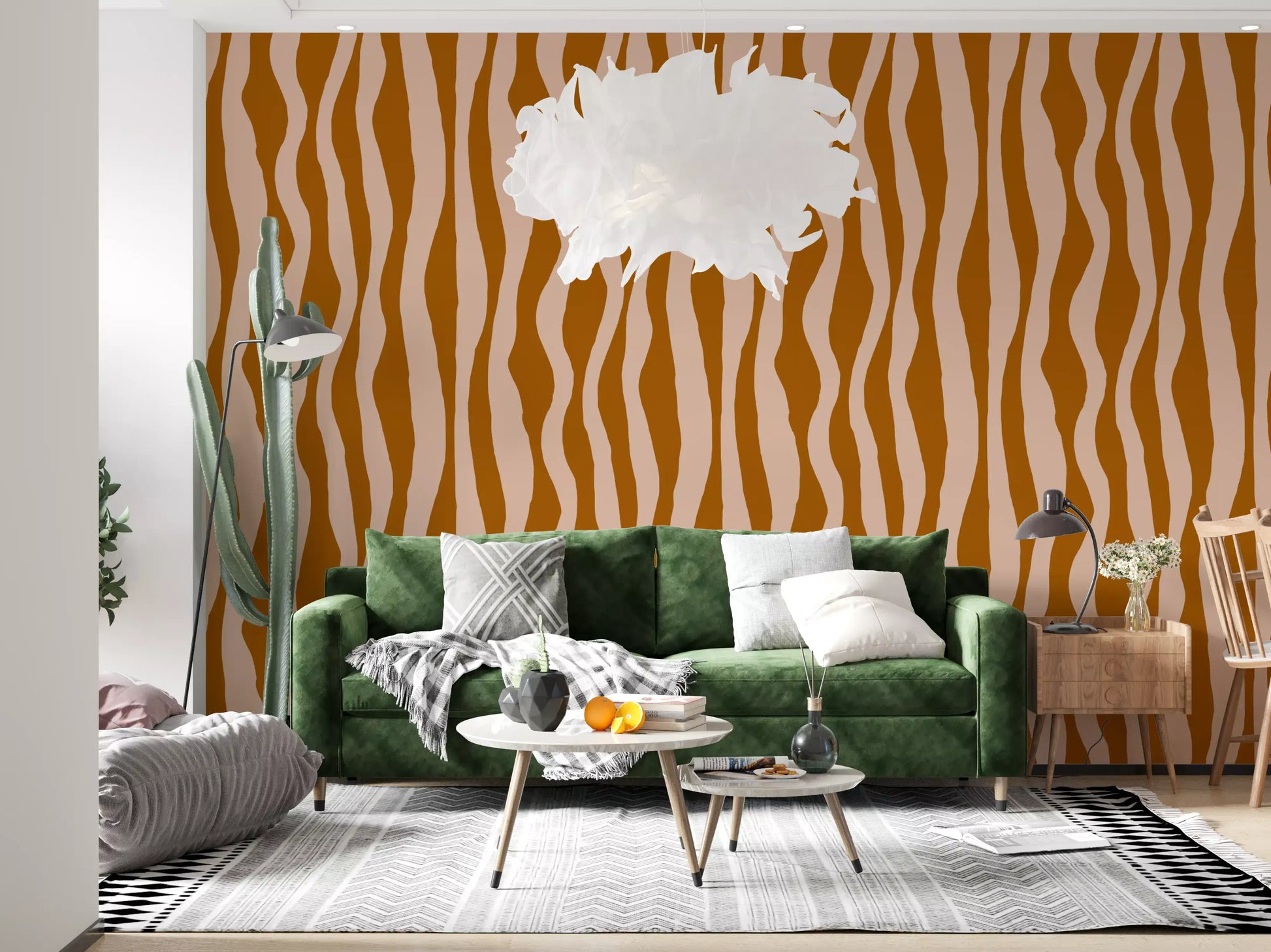 Living room feature wall styled with retro wavy stripe wallpaper in terracotta and pink.