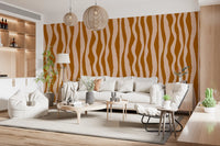 Abstract organic wave wallpaper with vertical curves in terracotta and dusty pink