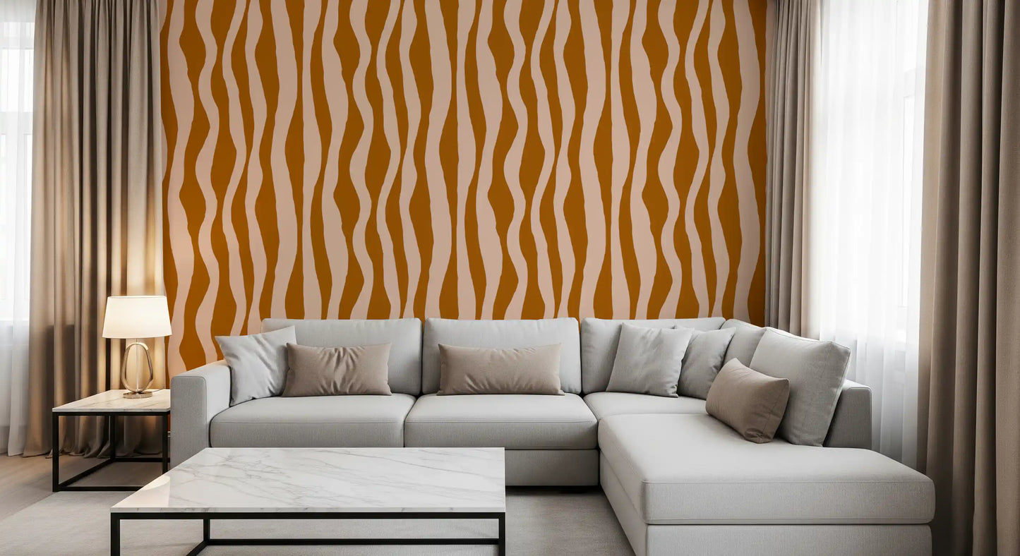 Terracotta Pink Wavy Stripe Wallpaper with flowing vertical waves in two earthy tones.