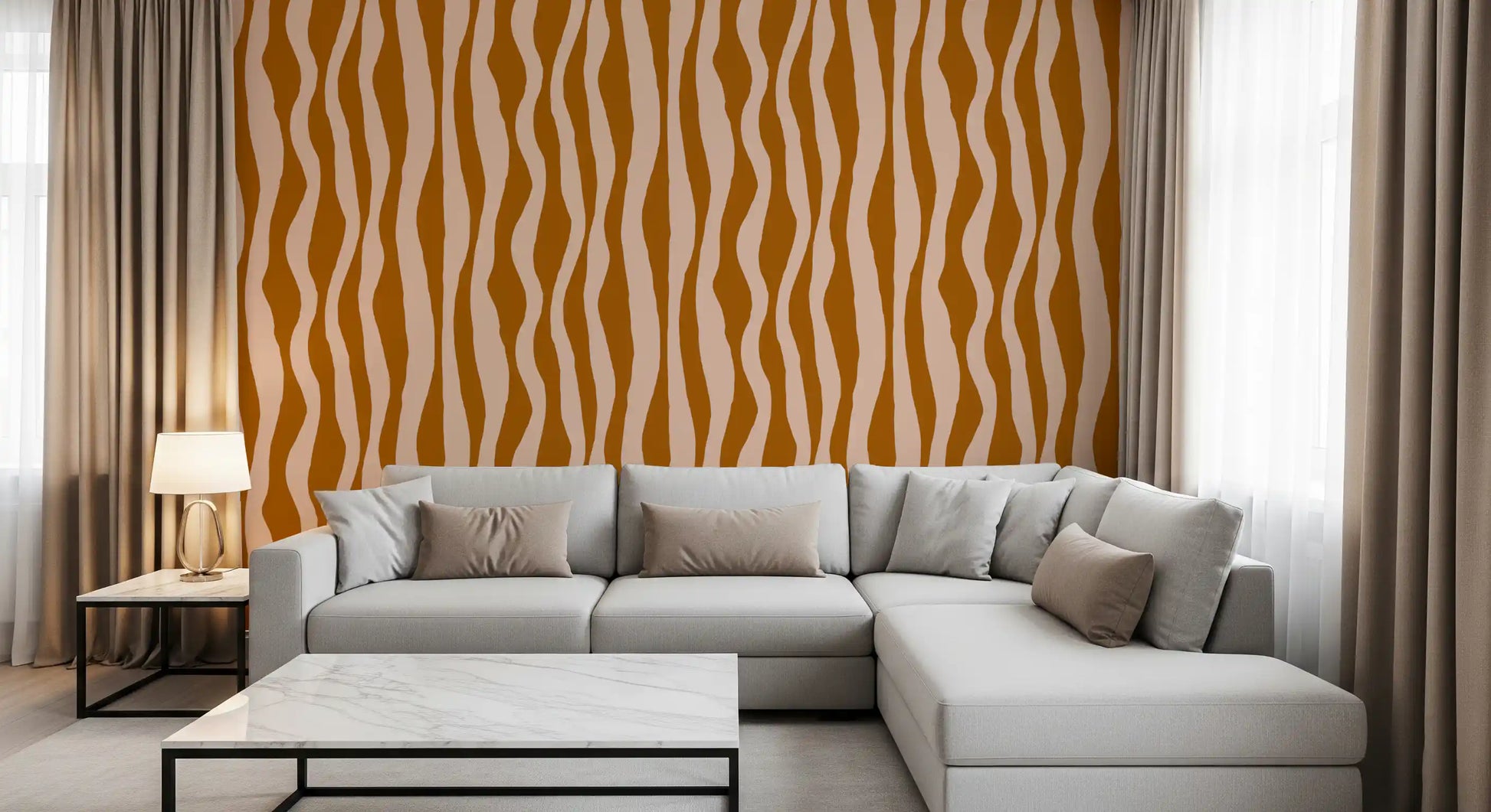 Terracotta Pink Wavy Stripe Wallpaper with flowing vertical waves in two earthy tones.