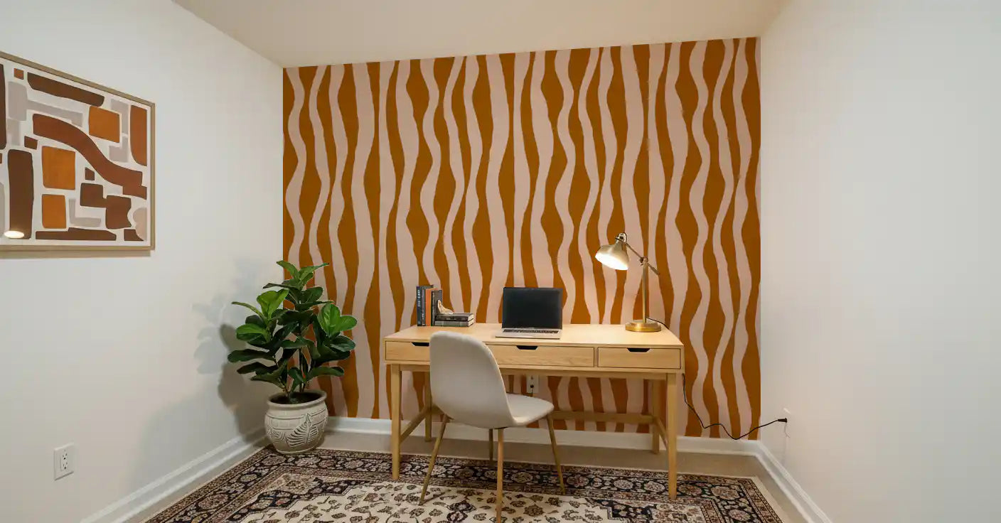 Study room accent wall styled with two-tone wavy stripe wallpaper in earthy tones