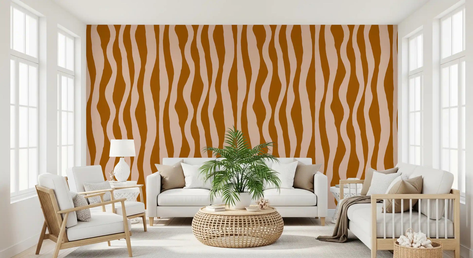 Two-tone wavy stripe repeat pattern wallpaper in warm rust brown and blush pink colours.