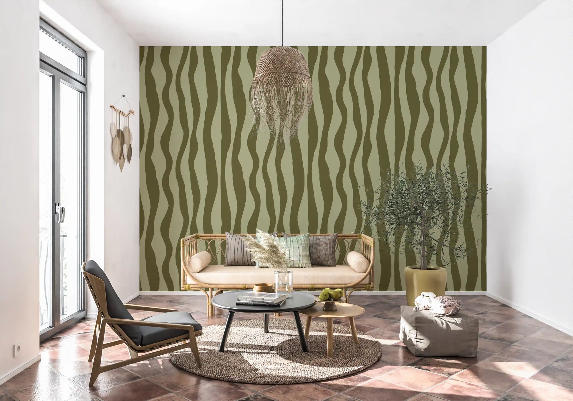 Two tone olive green wavy lines flowing top to bottom across the wallpaper in hallway.