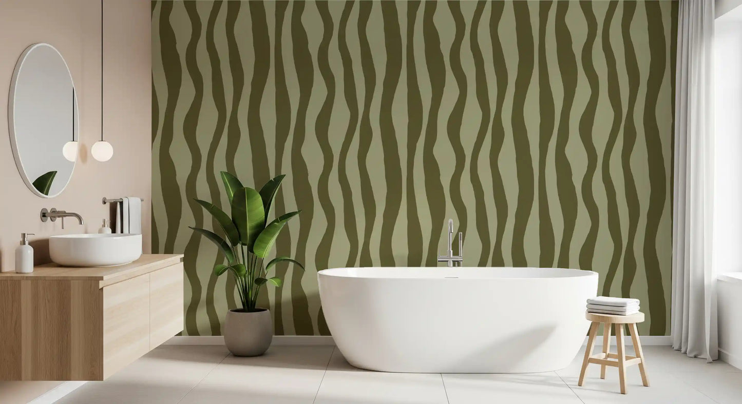 Olive green organic retro wallpaper with soft sage bands and deeper olive waves.