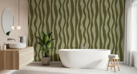 Olive green organic retro wallpaper with soft sage bands and deeper olive waves.