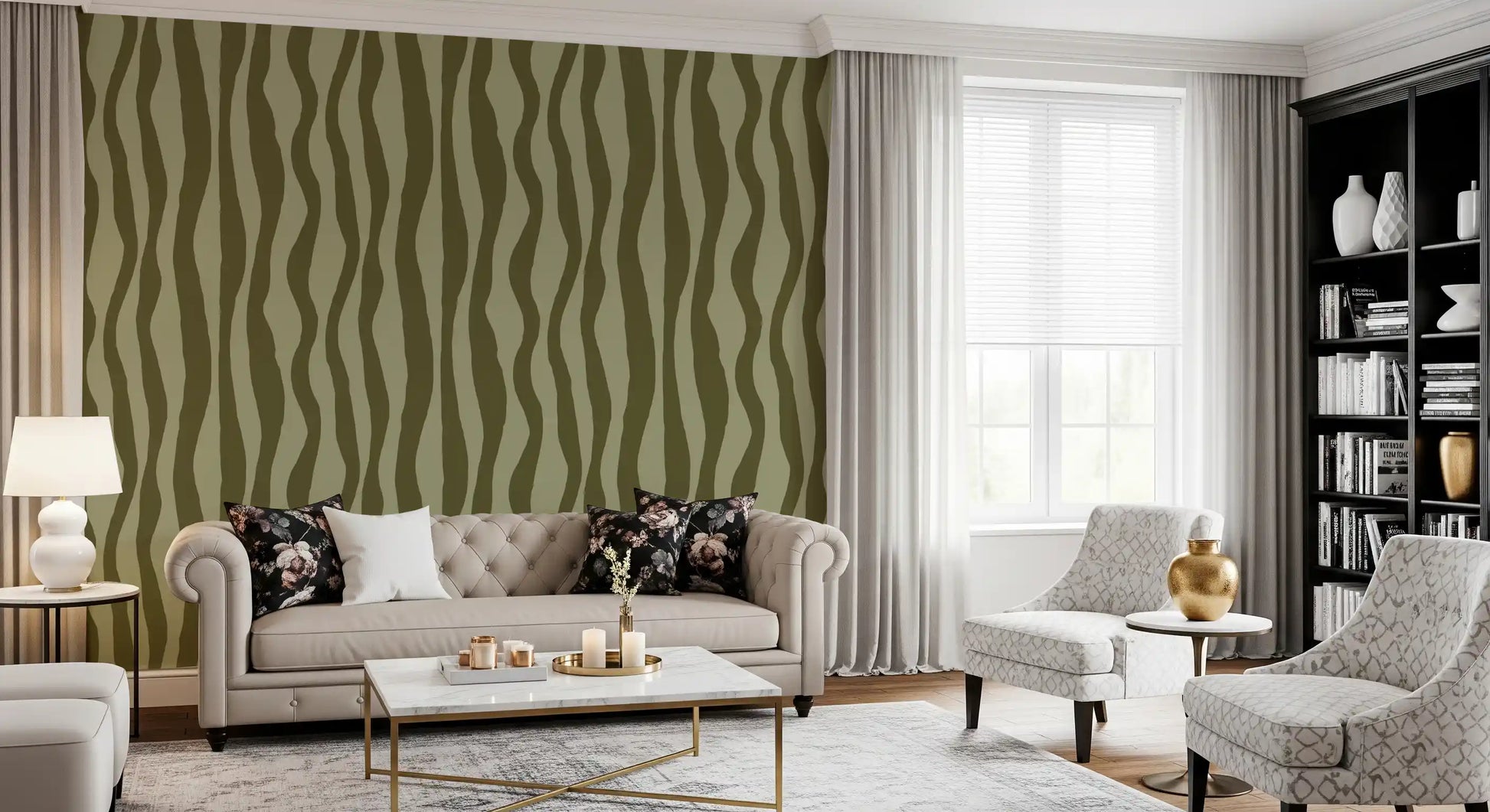 Organic wavy stripe wallpaper with irregular olive curves in retro mood.