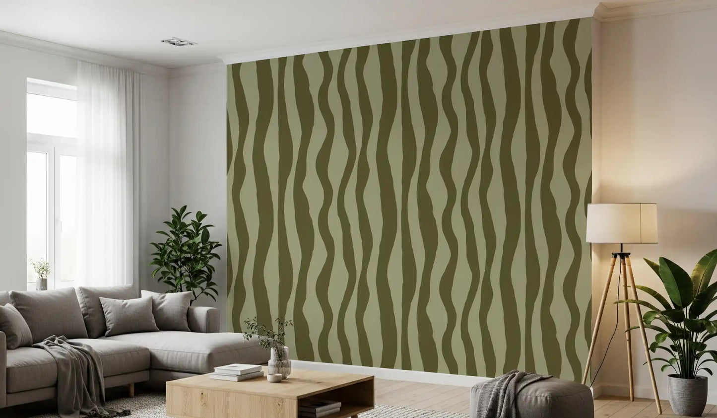 Retro wavy stripe wallpaper with curving olive green bands in light and dark tones for living room.