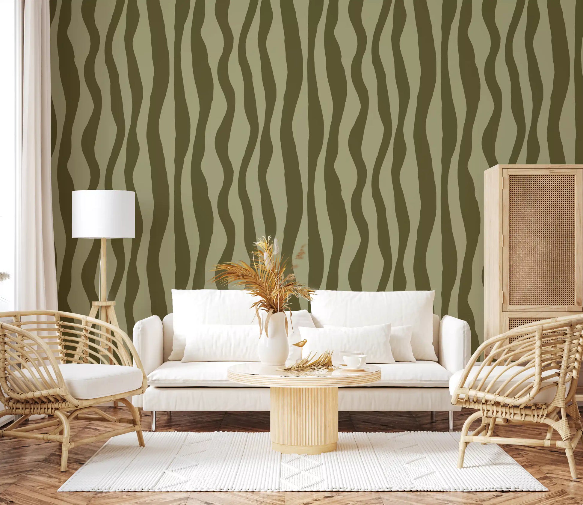 Vertical wavy stripes in deep olive and soft sage tones on organic retro wallpaper.