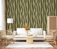 Vertical wavy stripes in deep olive and soft sage tones on organic retro wallpaper.