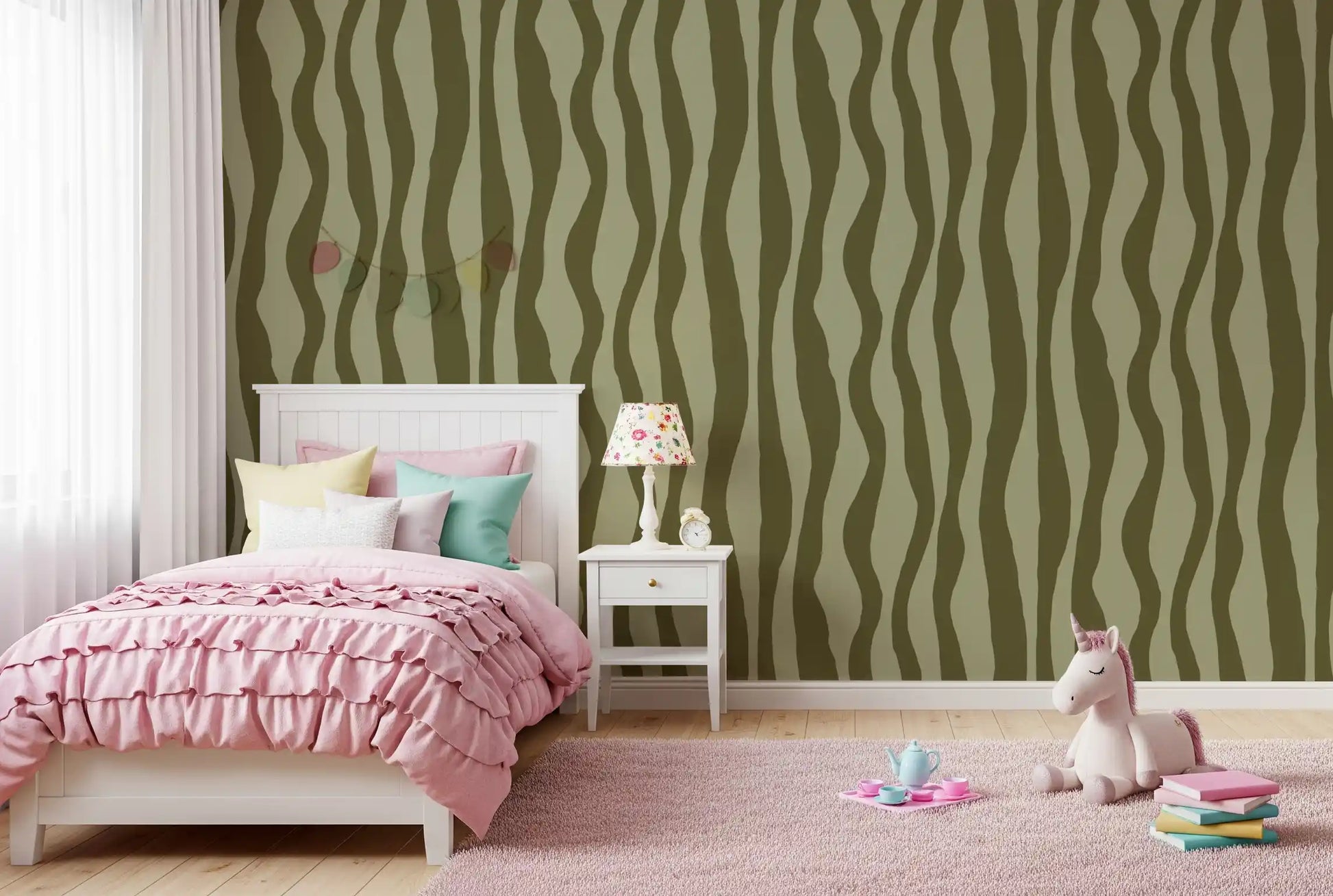 Organic retro wallpaper used as a bedroom accent wall in olive green tones