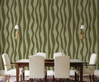 Olive green wavy stripe wallpaper with two tone vertical waves in deep olive and sage tone for dining room.
