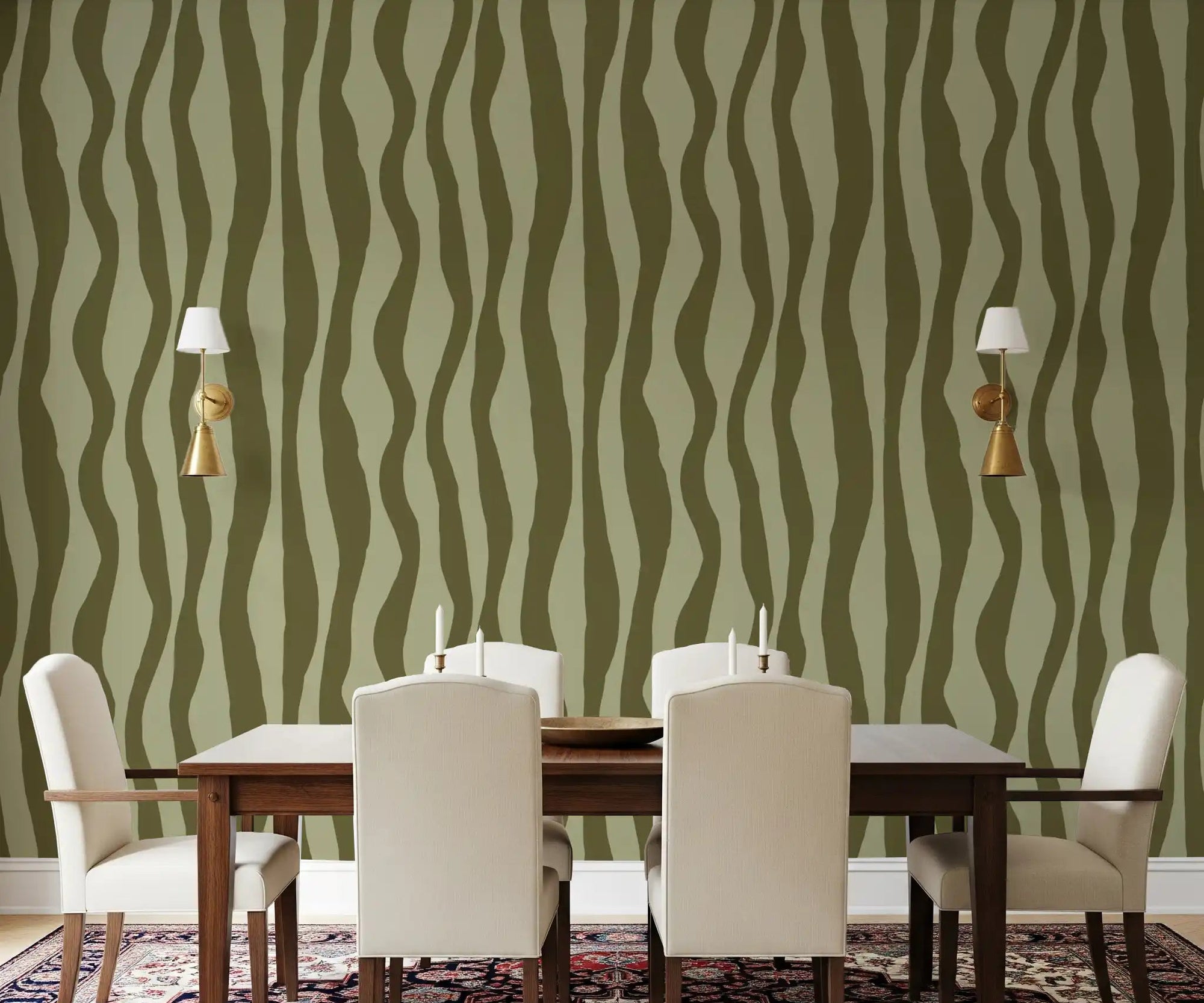 Olive green wavy stripe wallpaper with two tone vertical waves in deep olive and sage tone for dining room., GD10052