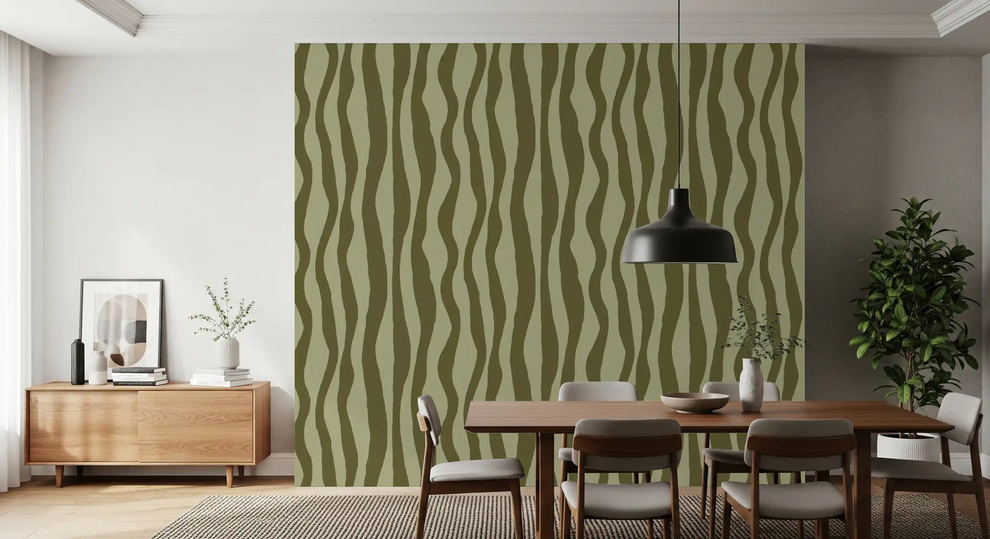 Olive green wavy stripe wallpaper styled on a dining room feature wall 