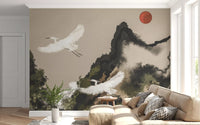 Watercolor ink wash mural with cranes, mossy mountains and a single red sun on cream.