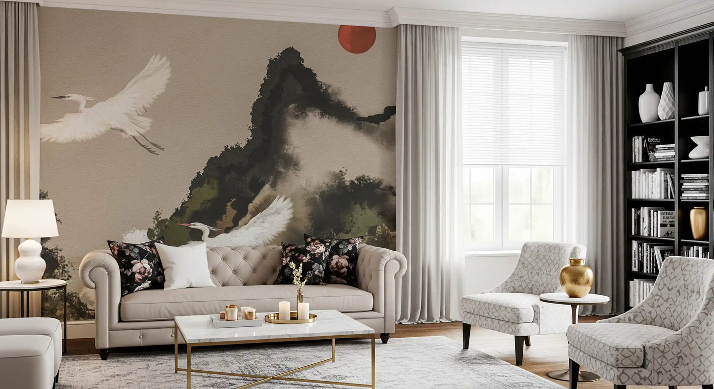 Ink wash mountain mural with white cranes, red sun and soft cream-toned sky.