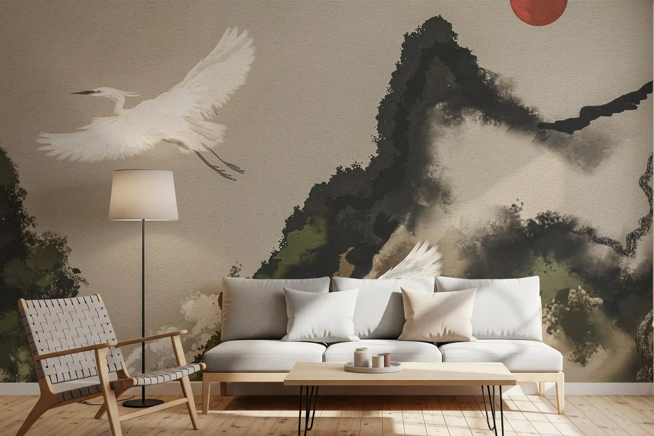 Living room feature wall with sumi ink wash cranes and mountain mural.