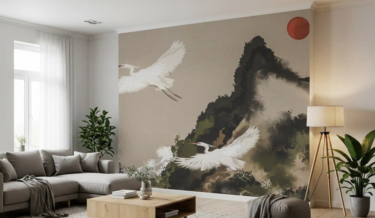 Japanese watercolor landscape mural showing cranes in flight and a deep red sun in cream sky. 