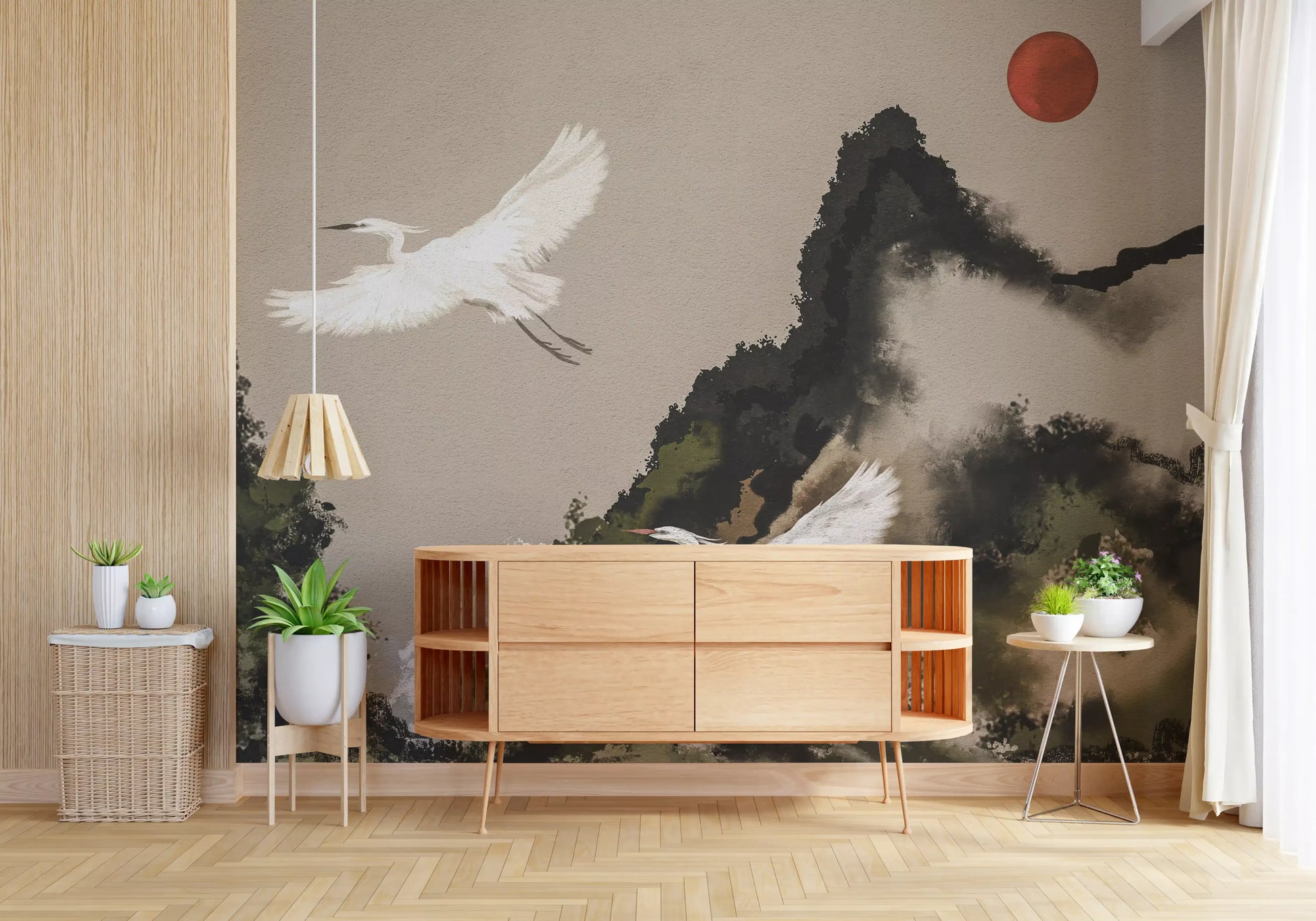 Hallway corner with crane and sun ink wash mural in cream and charcoal.