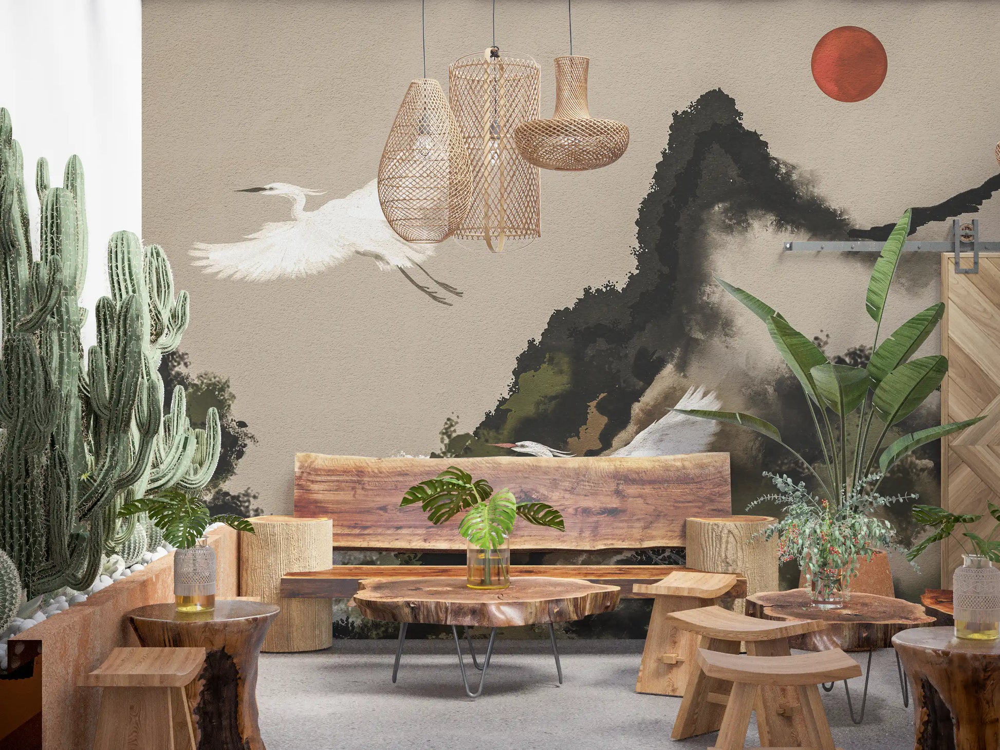 Japanese sumi-e style mural with cranes, layered peaks and red sun in muted earth tones.