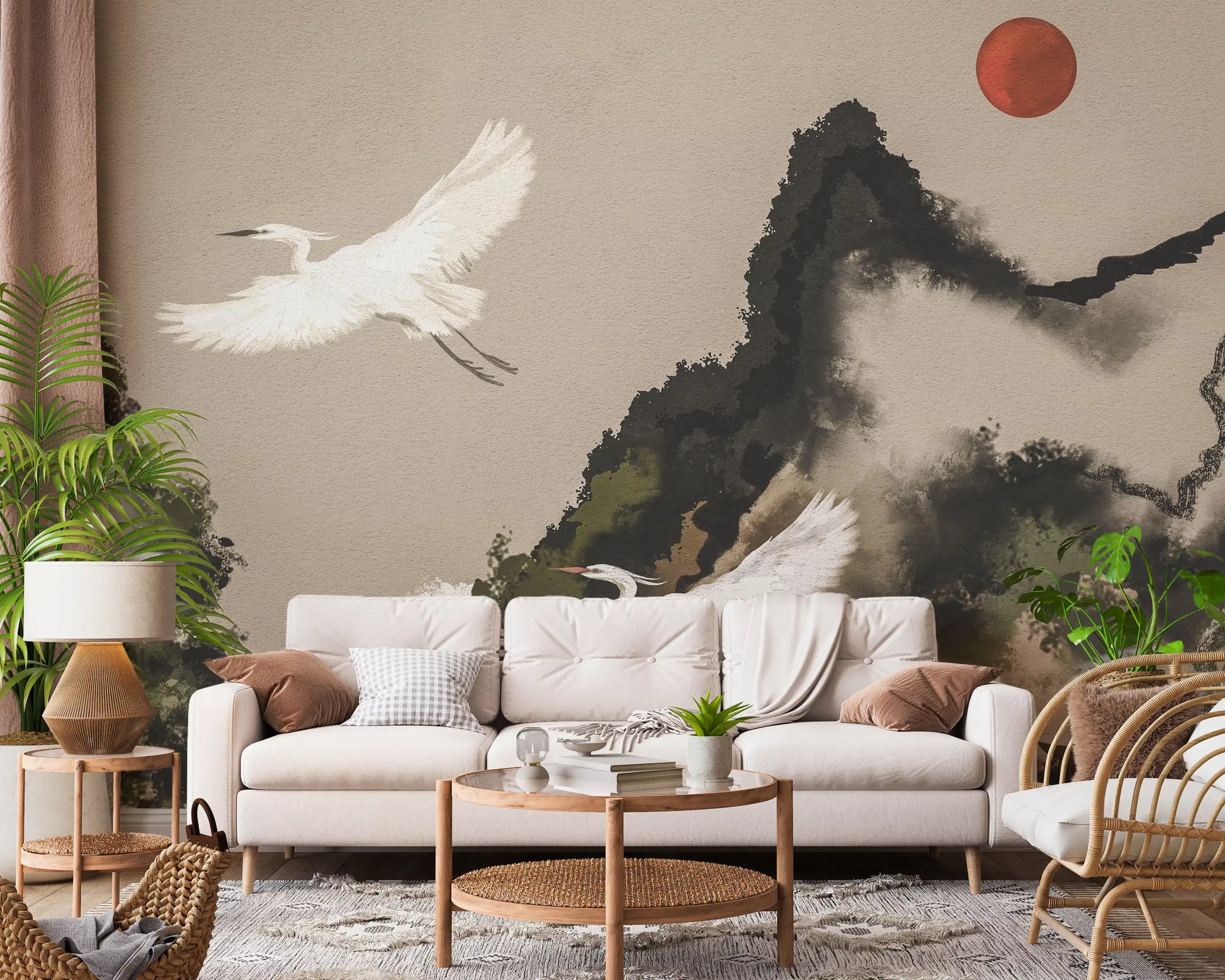 Living room wall with Japanese cranes and mountain ink wash mural.