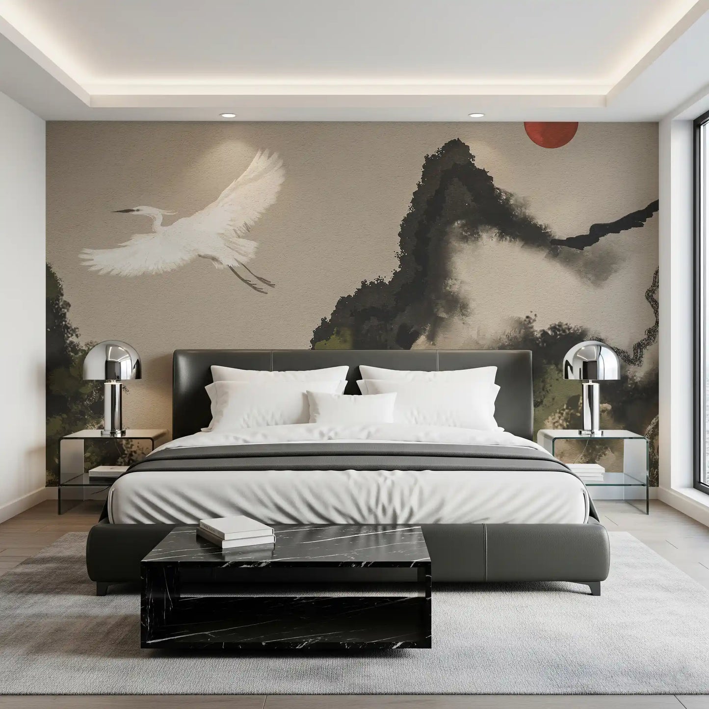 Bedroom wall in Japanese watercolor cranes and red sun ink wash mural.