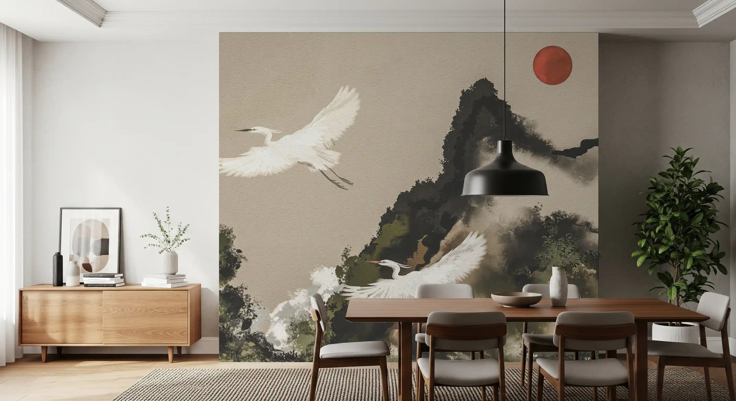 Dining room with ink wash mountain landscape mural in muted earth tones.