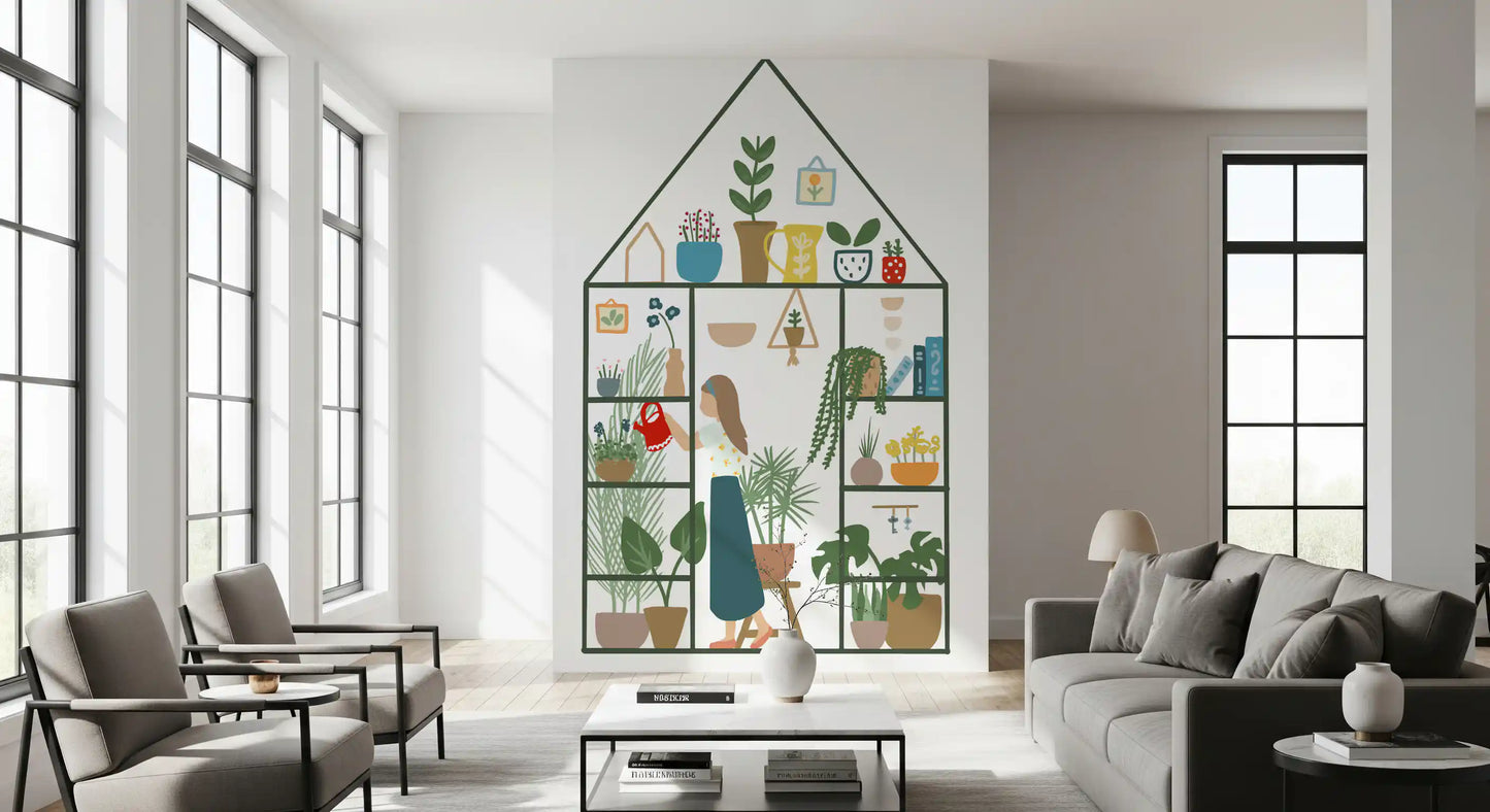 Indoor garden wall mural styled on a feature wall in a large living room.