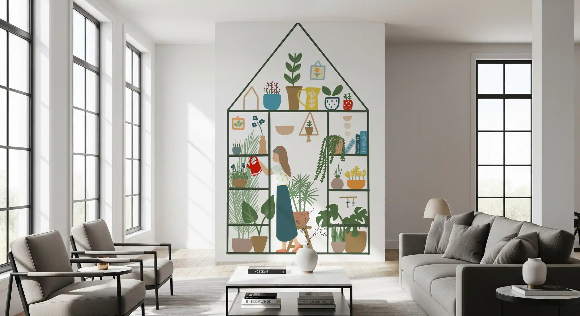 Indoor garden wall mural styled on a feature wall in a large living room.