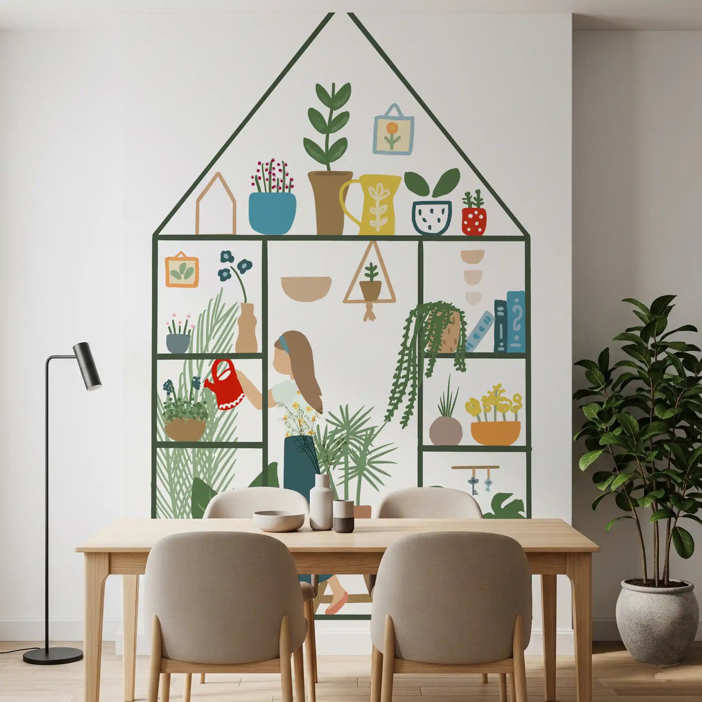 Illustrated indoor garden mural with a girl, red watering can, and pots of tropical plants.
