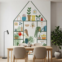 Illustrated indoor garden mural with a girl, red watering can, and pots of tropical plants.
