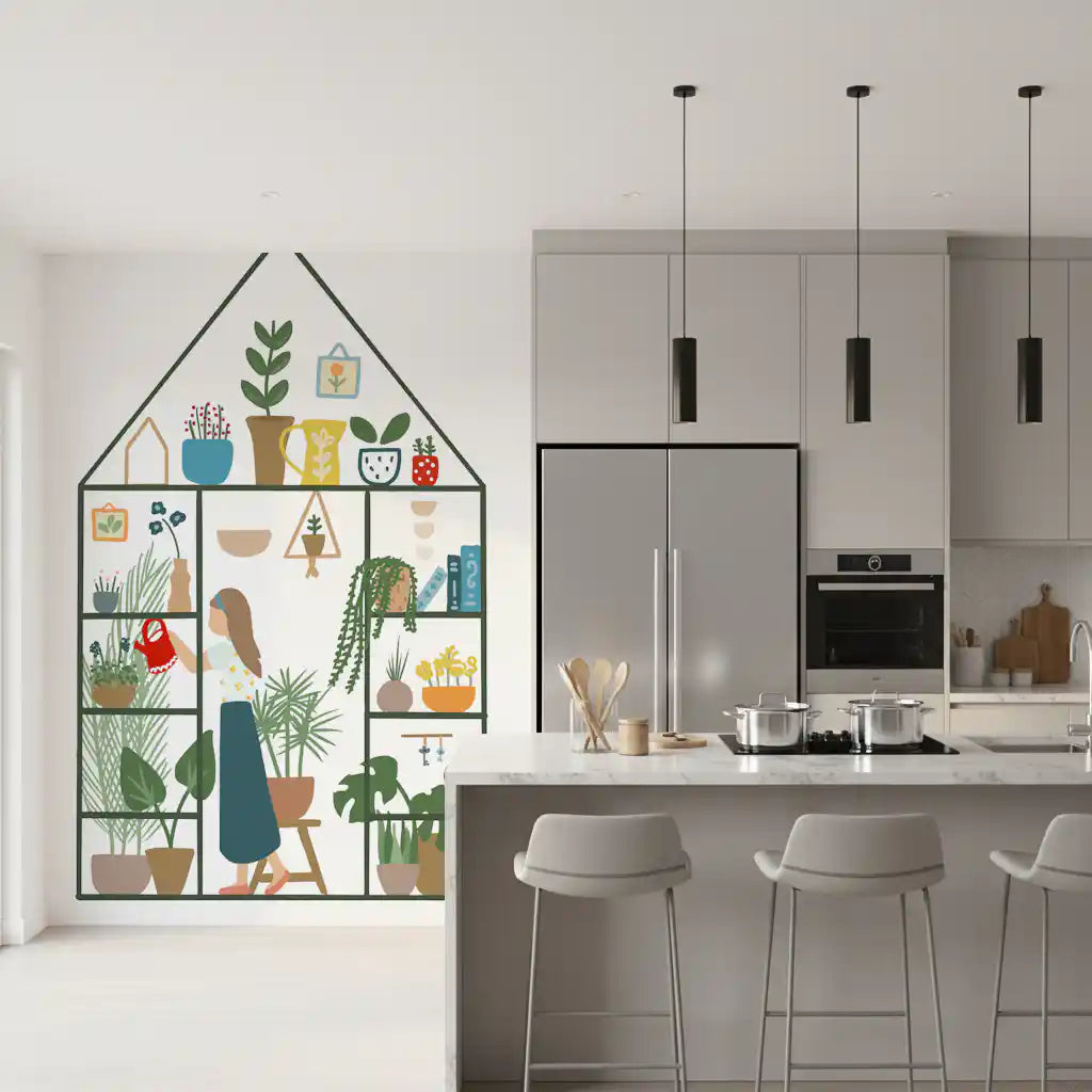 Dining room corner wall covered in indoor garden wall mural design.