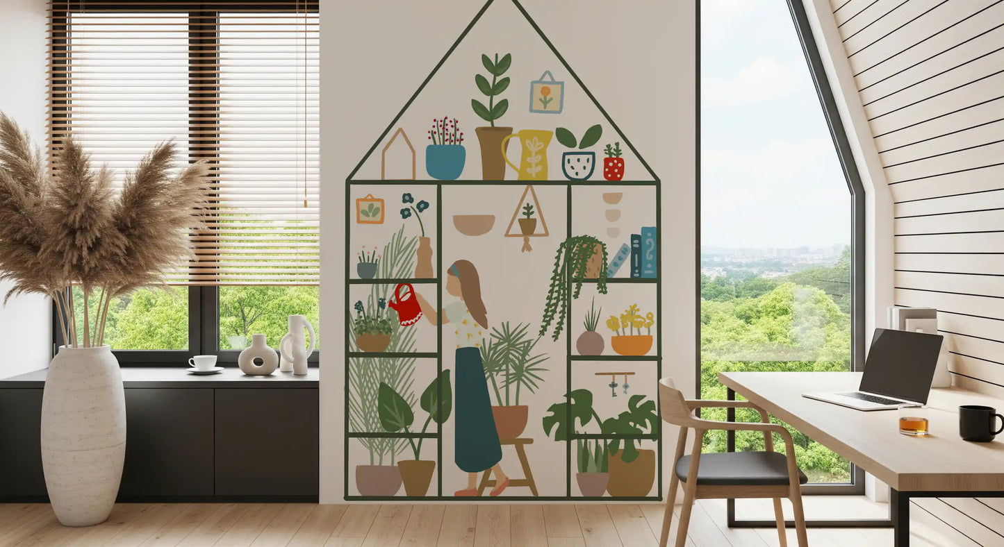 Indoor garden mural showing monstera leaves, palms, succulents, and hanging vines on tall shelves.